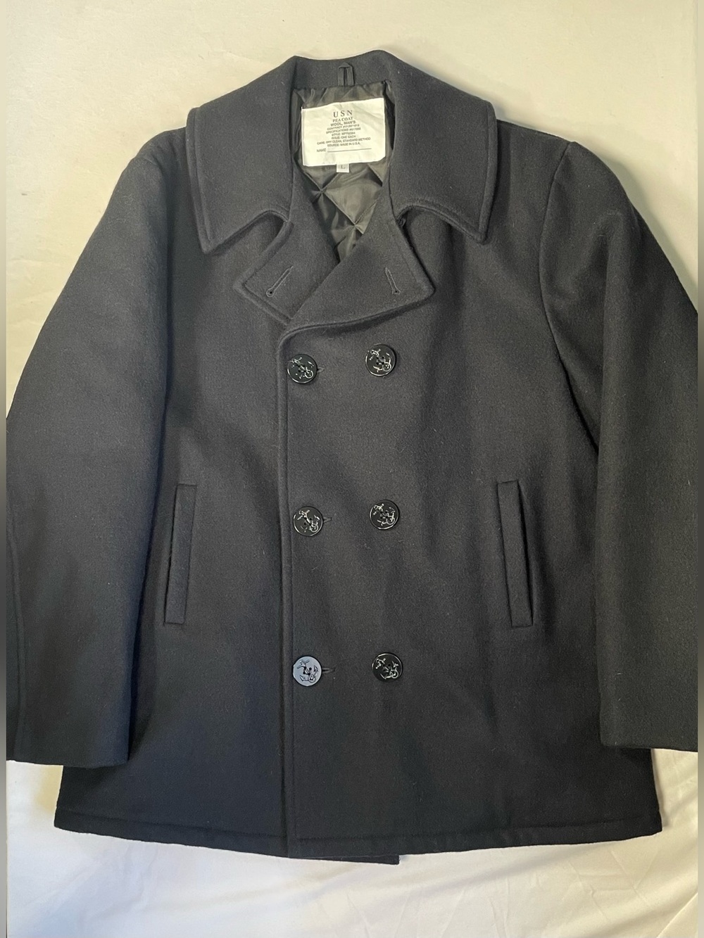 90s USN Style Wool Double-Breasted Pea Coat Jacket Navy Blue Militaria Mens L